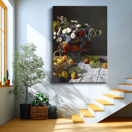 Dikey Kanvas Tablo Claude Monet Meyveler ve Çiçekler Sepetli Natürmort Ressam Tablosu Ev Ofis Dekoru