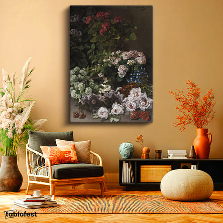 Dikey Kanvas Tablo Claude Monet Sepetli Çiçekler Canlı Renkler Ressam Tablosu Ev Ofis Dekoru