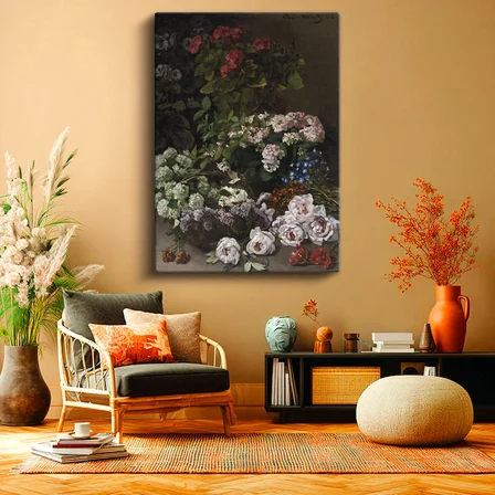 Dikey Kanvas Tablo Claude Monet Sepetli Çiçekler Canlı Renkler Ressam Tablosu Ev Ofis Dekoru