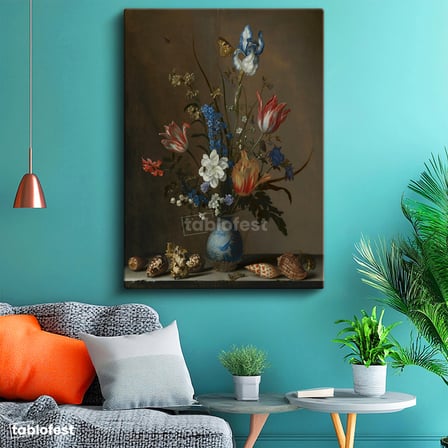 Dikey Kanvas Tablo Jan van Huysum Vazolu Çiçekler Deniz Kabukları Ressam Tablosu Ev Ofis Dekoru