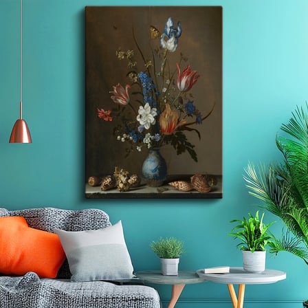 Dikey Kanvas Tablo Jan van Huysum Vazolu Çiçekler Deniz Kabukları Ressam Tablosu Ev Ofis Dekoru