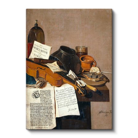 Dikey Kanvas Tablo R.R.L.F. Keman ve Kitaplar Vanitas Karanlık Ressam Tablosu Ev Ofis Dekoru
