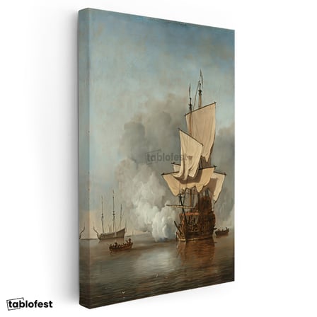 Dikey Kanvas Tablo Willem van de Velde Savaş Gemisi Deniz Manzarası Ressam Tablosu Duvar Dekoru