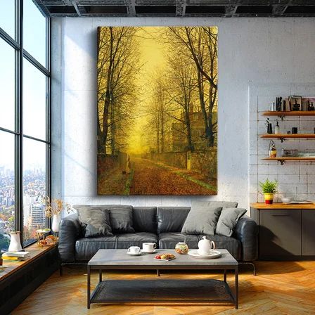 Dikey Kanvas Tablo J.A. Grimshaw Sonbahar Yolu Yürüyen Figür Gündoğumu Ressam Tablosu Ev Ofis Dekoru