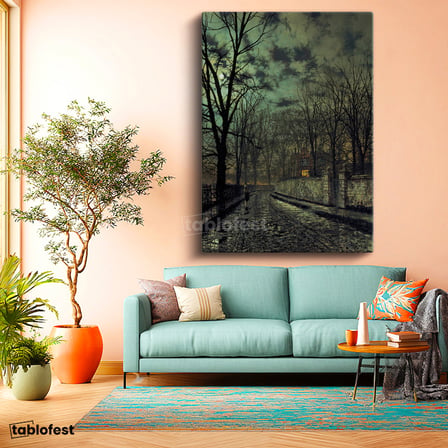Dikey Kanvas Tablo J.A. Grimshaw Yağmurlu Sokak Figürlü Gece Manzarası Ressam Tablosu Ev Ofis Dekoru