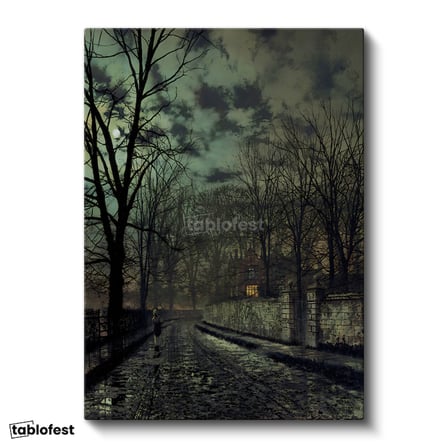 Dikey Kanvas Tablo J.A. Grimshaw Yağmurlu Sokak Figürlü Gece Manzarası Ressam Tablosu Ev Ofis Dekoru