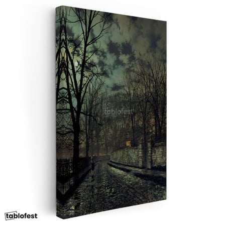 Dikey Kanvas Tablo J.A. Grimshaw Yağmurlu Sokak Figürlü Gece Manzarası Ressam Tablosu Ev Ofis Dekoru