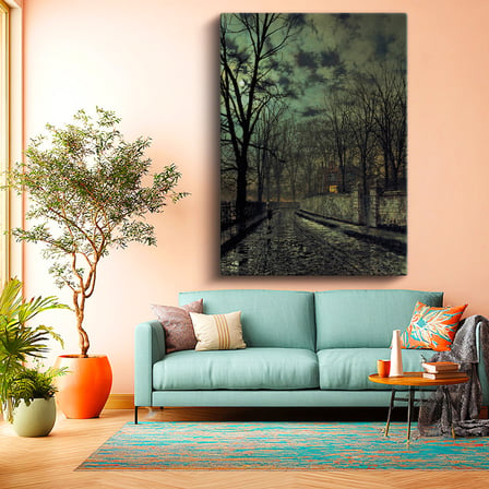 Dikey Kanvas Tablo J.A. Grimshaw Yağmurlu Sokak Figürlü Gece Manzarası Ressam Tablosu Ev Ofis Dekoru