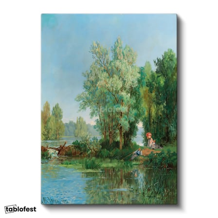 Dikey Kanvas Tablo Leon Richet Göl Kenarı Balık Tutan Figür Yaz Ressam Tablosu Ev Ofis Duvar Dekoru