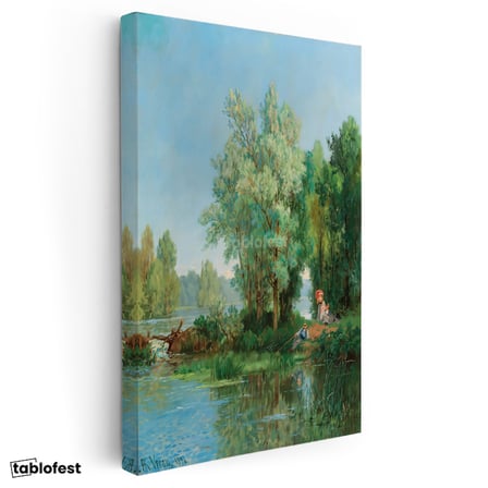 Dikey Kanvas Tablo Leon Richet Göl Kenarı Balık Tutan Figür Yaz Ressam Tablosu Ev Ofis Duvar Dekoru