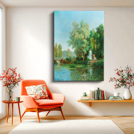 Dikey Kanvas Tablo Leon Richet Göl Kenarı Balık Tutan Figür Yaz Ressam Tablosu Ev Ofis Duvar Dekoru