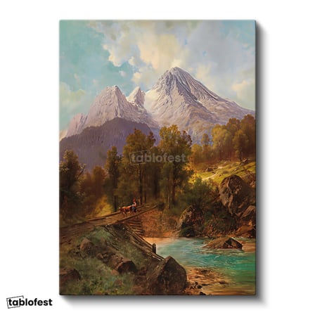 Dikey Kanvas Tablo Andreas Achenbach Dağlık Manzara Köprülü Dere Ressam Tablosu Ev Ofis Dekoru