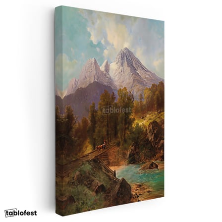Dikey Kanvas Tablo Andreas Achenbach Dağlık Manzara Köprülü Dere Ressam Tablosu Ev Ofis Dekoru