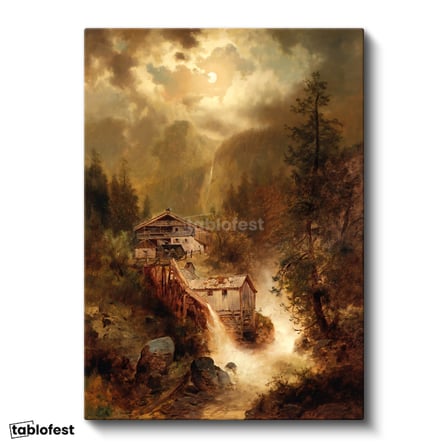 Dikey Kanvas Tablo M. M. K. Kır Evi Şelale Dere Işık Gece Ressam Tablosu Ev Ofis Duvar Dekoru