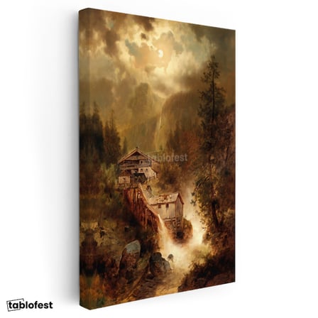 Dikey Kanvas Tablo M. M. K. Kır Evi Şelale Dere Işık Gece Ressam Tablosu Ev Ofis Duvar Dekoru