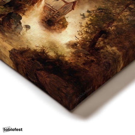 Dikey Kanvas Tablo M. M. K. Kır Evi Şelale Dere Işık Gece Ressam Tablosu Ev Ofis Duvar Dekoru