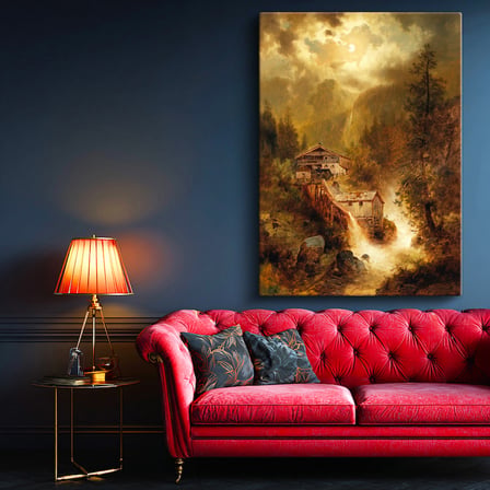 Dikey Kanvas Tablo M. M. K. Kır Evi Şelale Dere Işık Gece Ressam Tablosu Ev Ofis Duvar Dekoru