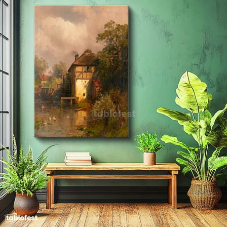 Dikey Kanvas Tablo J.F. Herring Yel değirmeni Dere Kıyısı Ördekli Ressam Tablosu Duvar Dekoru