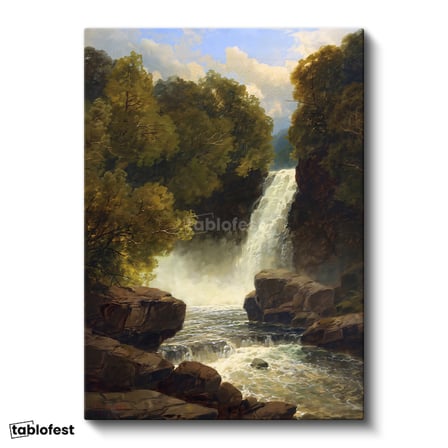 Dikey Kanvas Tablo R.L.R. Orman İçi Çağlayan Şelale Kayalık Zemin Gündüz Ressam Tablosu Duvar Dekoru