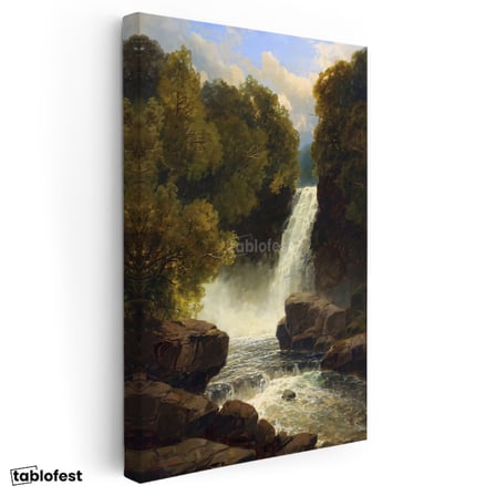 Dikey Kanvas Tablo R.L.R. Orman İçi Çağlayan Şelale Kayalık Zemin Gündüz Ressam Tablosu Duvar Dekoru