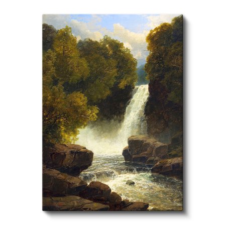 Dikey Kanvas Tablo R.L.R. Orman İçi Çağlayan Şelale Kayalık Zemin Gündüz Ressam Tablosu Duvar Dekoru