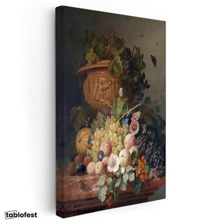 Dikey Kanvas Tablo J.L.R. Meyve ve Çiçekler Vazoda Böcekli Natürmort Ressam Tablosu Ev Ofis Dekoru