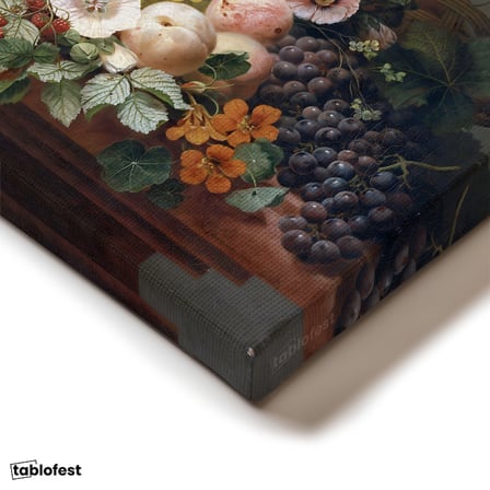 Dikey Kanvas Tablo J.L.R. Meyve ve Çiçekler Vazoda Böcekli Natürmort Ressam Tablosu Ev Ofis Dekoru