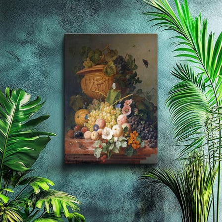 Dikey Kanvas Tablo J.L.R. Meyve ve Çiçekler Vazoda Böcekli Natürmort Ressam Tablosu Ev Ofis Dekoru