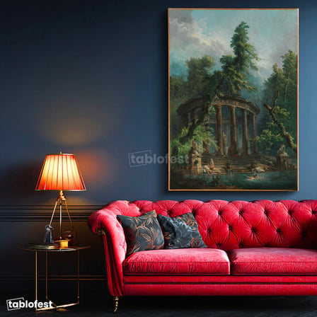 Dikey Kanvas Tablo Hubert Robert Antik Tapınak Figürlü Göl Manzarası Ressam Tablosu Ev Ofis Dekoru