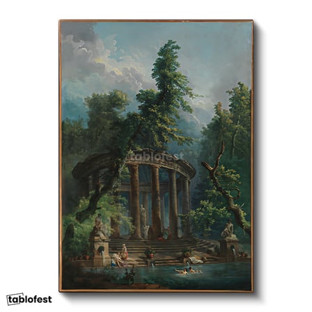 Dikey Kanvas Tablo Hubert Robert Antik Tapınak Figürlü Göl Manzarası Ressam Tablosu Ev Ofis Dekoru