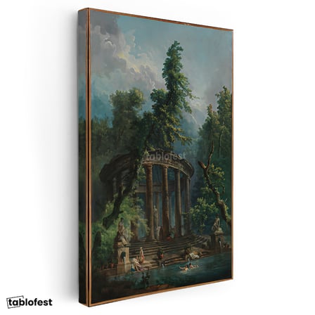 Dikey Kanvas Tablo Hubert Robert Antik Tapınak Figürlü Göl Manzarası Ressam Tablosu Ev Ofis Dekoru