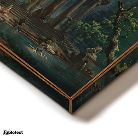 Dikey Kanvas Tablo Hubert Robert Antik Tapınak Figürlü Göl Manzarası Ressam Tablosu Ev Ofis Dekoru