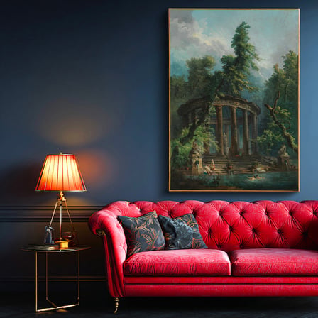 Dikey Kanvas Tablo Hubert Robert Antik Tapınak Figürlü Göl Manzarası Ressam Tablosu Ev Ofis Dekoru
