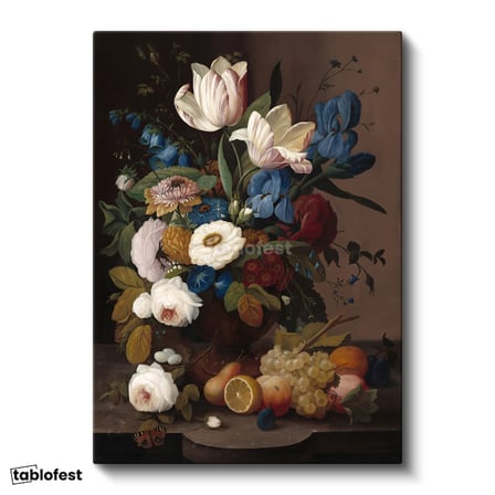 Dikey Kanvas Tablo Severin Roesen Lale ve Meyve Tabağı Beyaz Gül Detayı Ressam Tablosu Duvar Dekoru