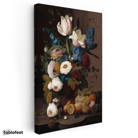 Dikey Kanvas Tablo Severin Roesen Lale ve Meyve Tabağı Beyaz Gül Detayı Ressam Tablosu Duvar Dekoru