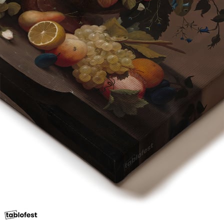 Dikey Kanvas Tablo Severin Roesen Lale ve Meyve Tabağı Beyaz Gül Detayı Ressam Tablosu Duvar Dekoru