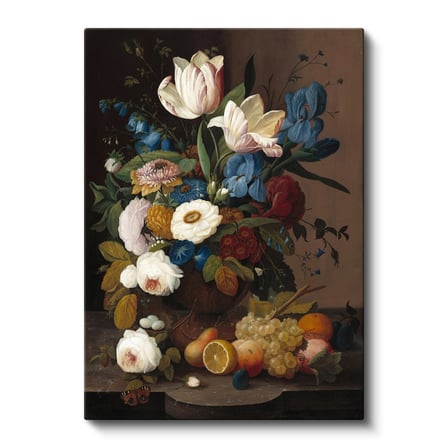 Dikey Kanvas Tablo Severin Roesen Lale ve Meyve Tabağı Beyaz Gül Detayı Ressam Tablosu Duvar Dekoru