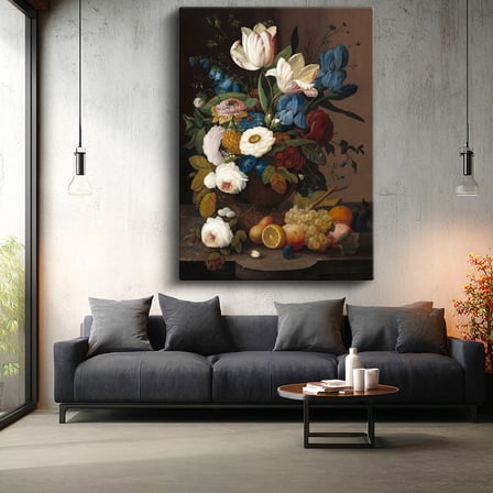 Dikey Kanvas Tablo Severin Roesen Lale ve Meyve Tabağı Beyaz Gül Detayı Ressam Tablosu Duvar Dekoru