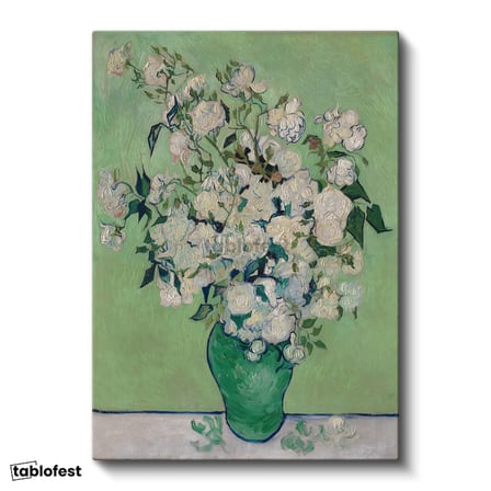 Dikey Kanvas Tablo Vincent van Gogh Beyaz Güller ve Yeşil Vazo Zemin Ressam Tablosu Ev Ofis Dekoru