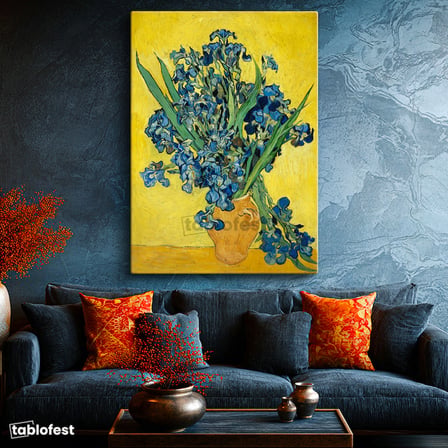 Dikey Kanvas Tablo Vincent van Gogh Mavi İrisler Sarı Fonlu Vazo Ressam Tablosu Ev Ofis Dekoru