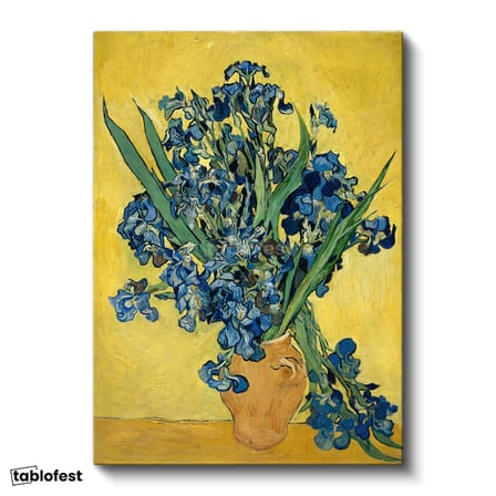 Dikey Kanvas Tablo Vincent van Gogh Mavi İrisler Sarı Fonlu Vazo Ressam Tablosu Ev Ofis Dekoru