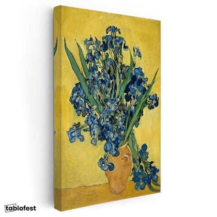 Dikey Kanvas Tablo Vincent van Gogh Mavi İrisler Sarı Fonlu Vazo Ressam Tablosu Ev Ofis Dekoru