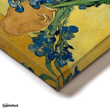 Dikey Kanvas Tablo Vincent van Gogh Mavi İrisler Sarı Fonlu Vazo Ressam Tablosu Ev Ofis Dekoru