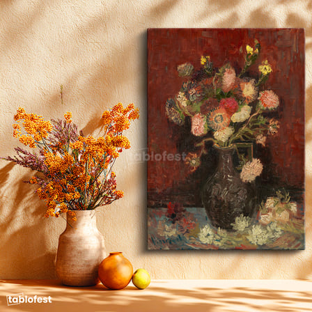 Dikey Kanvas Tablo Vincent van Gogh Vazoda Pembe Kırmızı Çiçek Ressam Tablosu Ev Ofis Duvar Dekoru