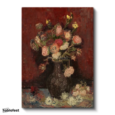 Dikey Kanvas Tablo Vincent van Gogh Vazoda Pembe Kırmızı Çiçek Ressam Tablosu Ev Ofis Duvar Dekoru