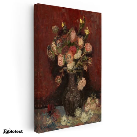 Dikey Kanvas Tablo Vincent van Gogh Vazoda Pembe Kırmızı Çiçek Ressam Tablosu Ev Ofis Duvar Dekoru