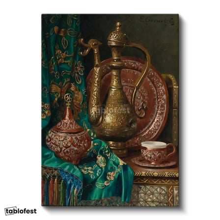 Dikey Kanvas Tablo Bakır İbrik Ve Kase Oryantalist Ressam Tablosu Ev Ofis Duvar Dekoru