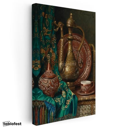 Dikey Kanvas Tablo Bakır İbrik Ve Kase Oryantalist Ressam Tablosu Ev Ofis Duvar Dekoru