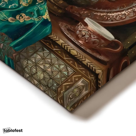Dikey Kanvas Tablo Bakır İbrik Ve Kase Oryantalist Ressam Tablosu Ev Ofis Duvar Dekoru
