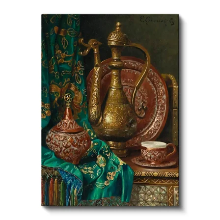 Dikey Kanvas Tablo Bakır İbrik Ve Kase Oryantalist Ressam Tablosu Ev Ofis Duvar Dekoru